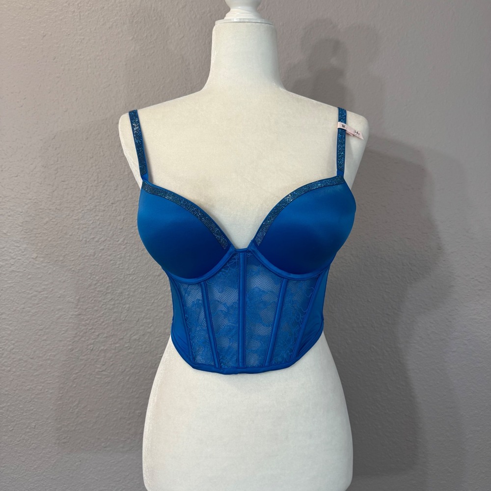NWT Victoria's Secret Women's Size 34B Blue Bombshell Push-Up Lace Corset Top